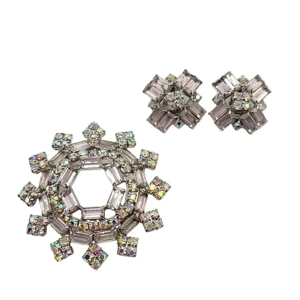 Silver Tone Lt Pink Purple Aurora Borealis Rhinestone Earring Pin Brooch Set VTG